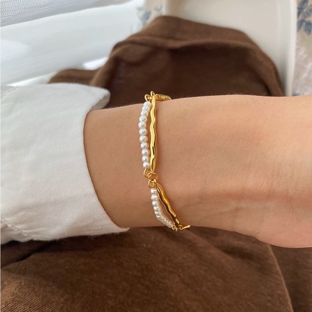 Gold Pearl Bracelet 18k Gold Vermeil 925 Sterling Silver Freshwater Pearl - Picture 4 of 7